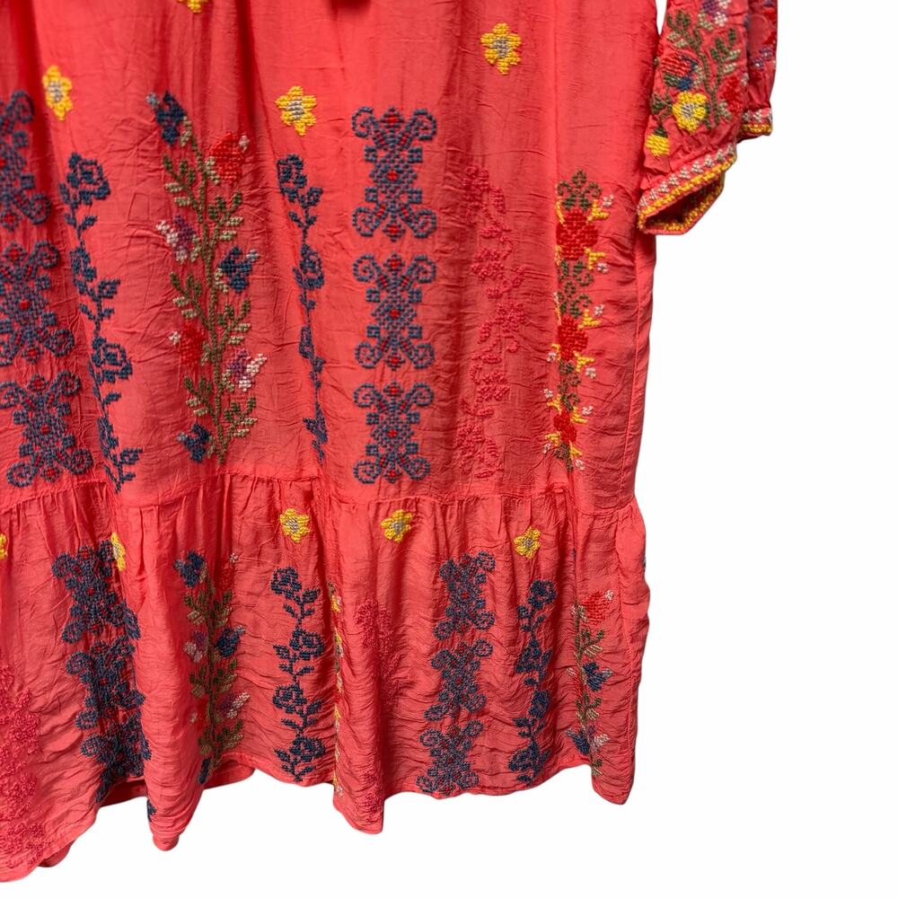 Johnny Was Coral Multicolor Floral Embroidered Tie Neck Tunic Dress Womens XS - Picture 2 of 7